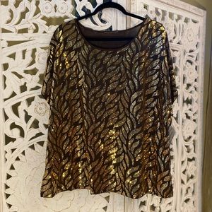 Vintage Brown Gold Sequin Leaf Blouse – XXL Holiday Party Top